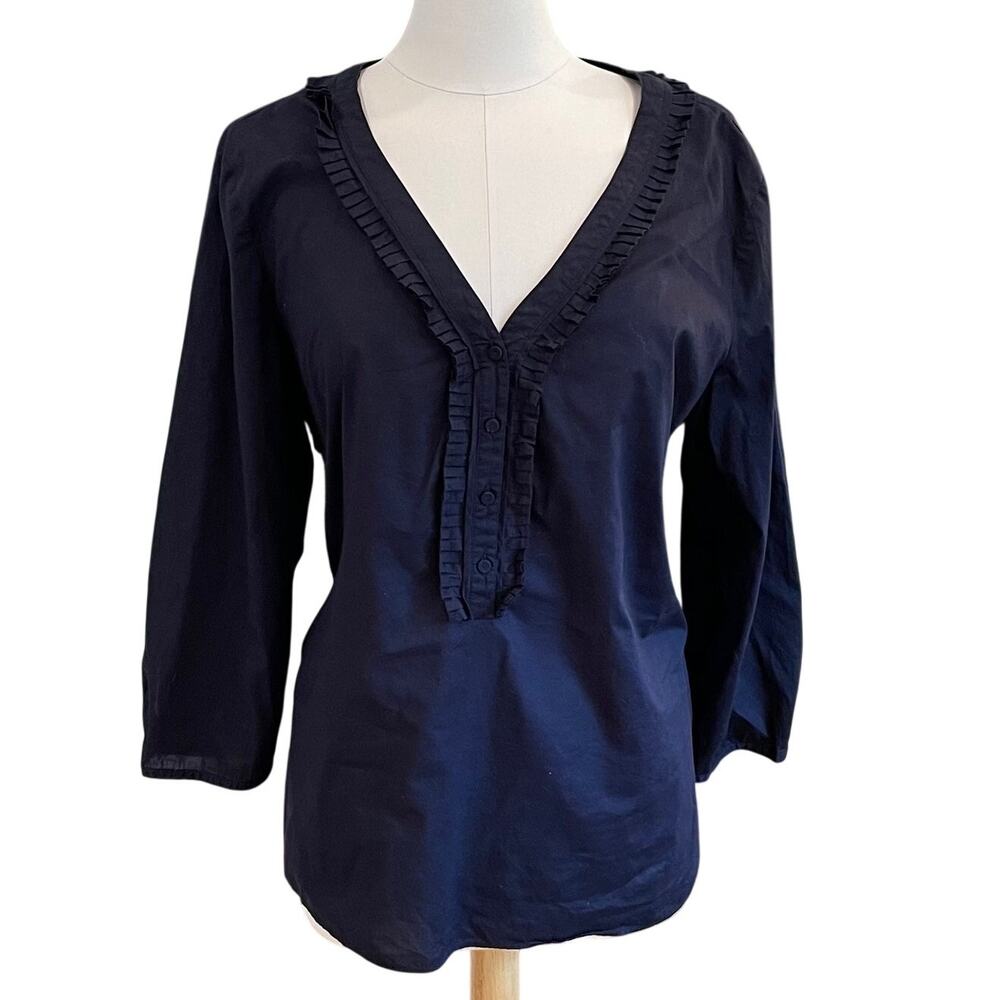 Talbots Navy Blue Popover Blouse, V-Neck, Ruffles, Casual, Minimalist, XL